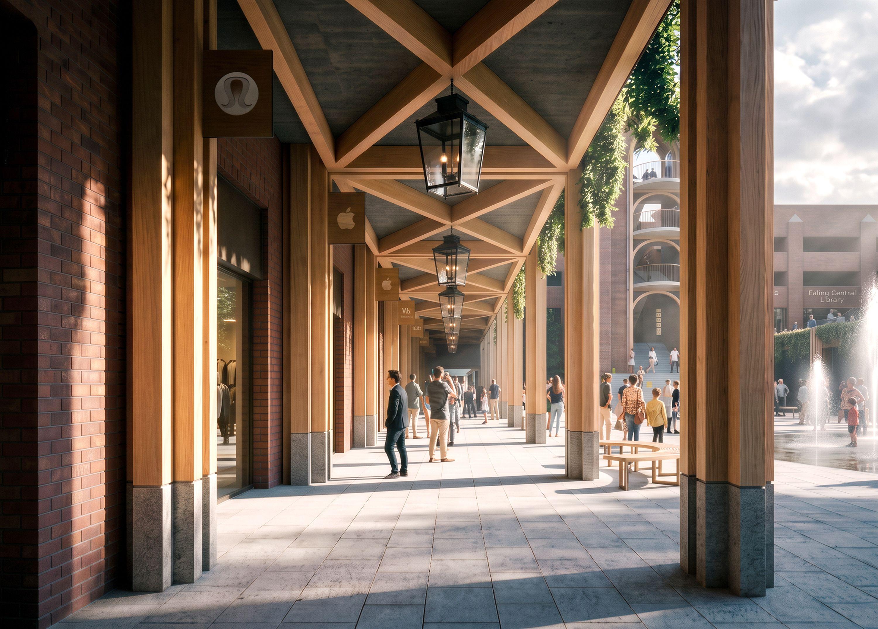 View along the timber colonnade at Ealing Broadway, people gathered beneath oak frames looking out onto the town square and library.