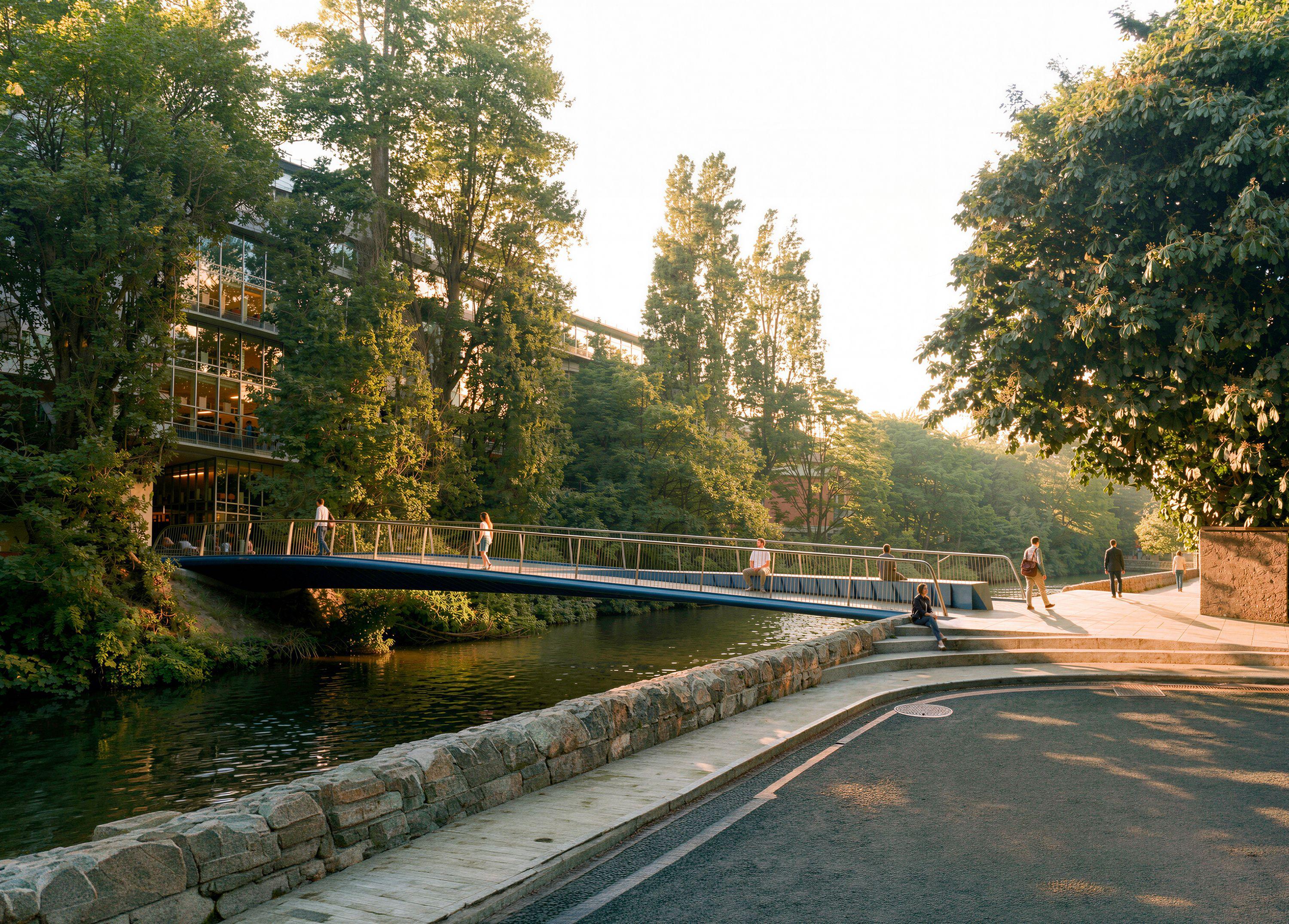 Render of Dodder Footbridge, Dublin, showing people seated along the crossing above the River Dodder, with the bridge's blue underside visible over the water.