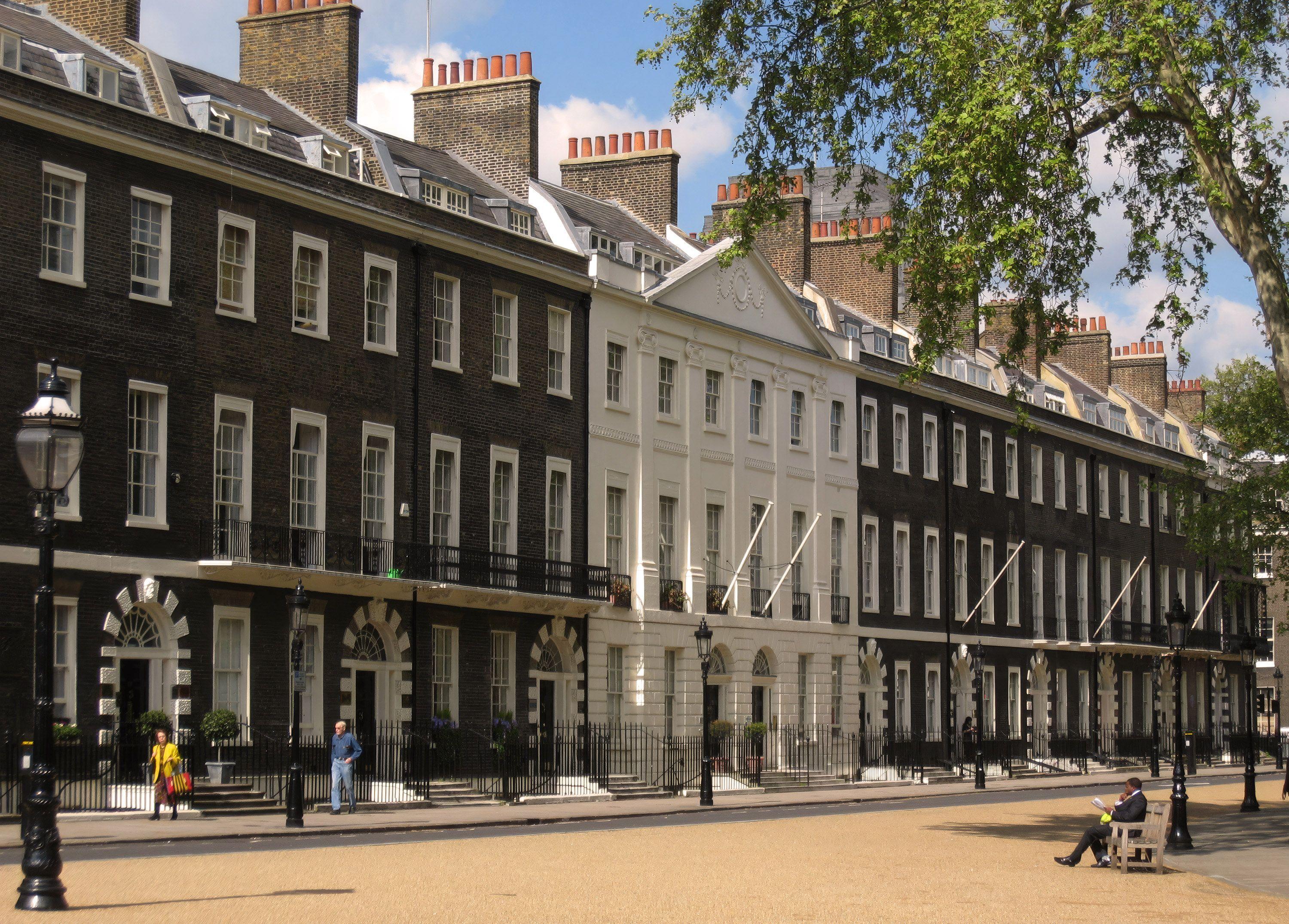 The brick and stucco facades of Bedford Square, London, where the Architectural Association and its bookshop are based.