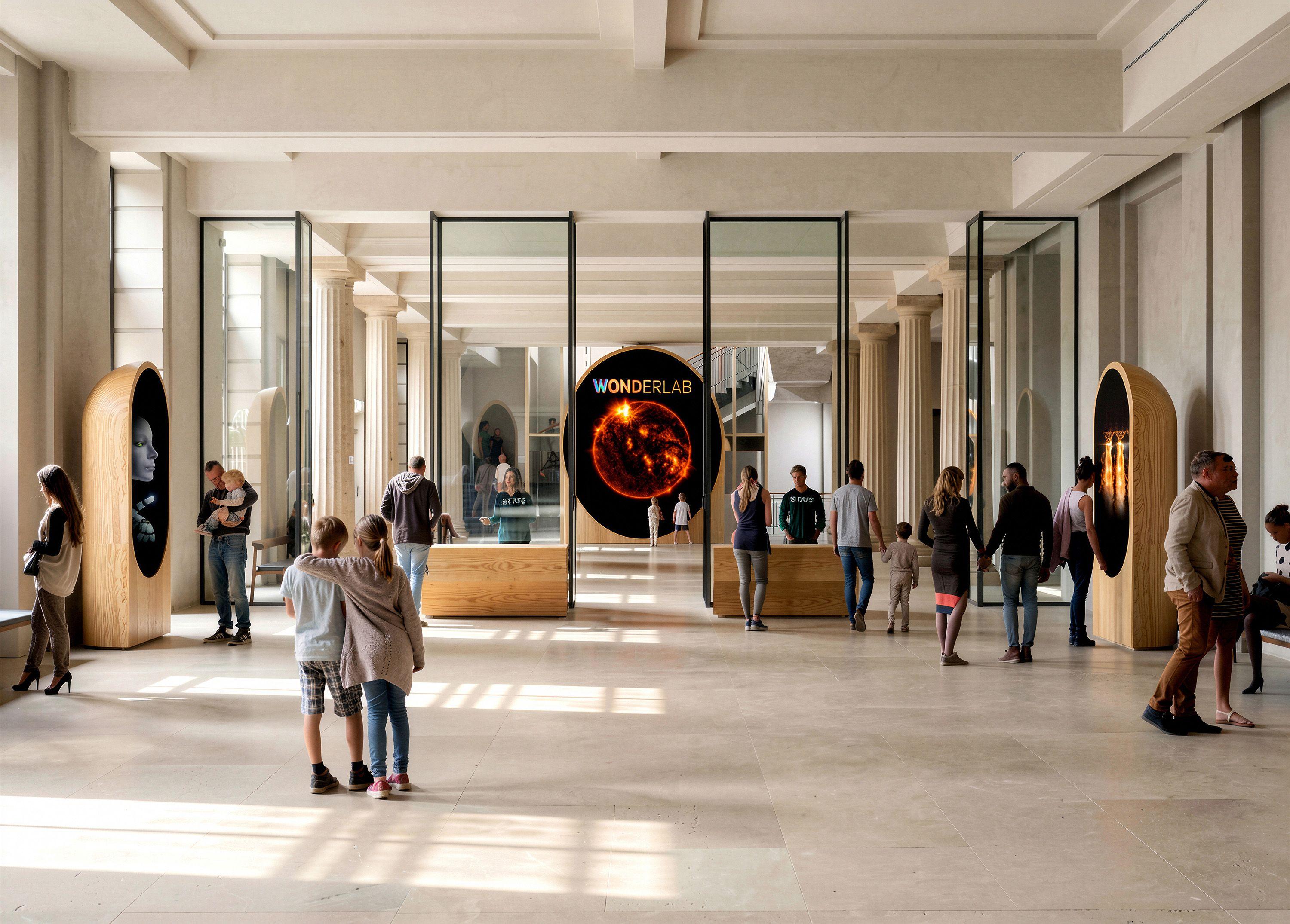 Visitors moving through the Science Museum's East Gallery, a colonnaded hall with glazed screens between the columns and arched oak display niches showing circular screens.