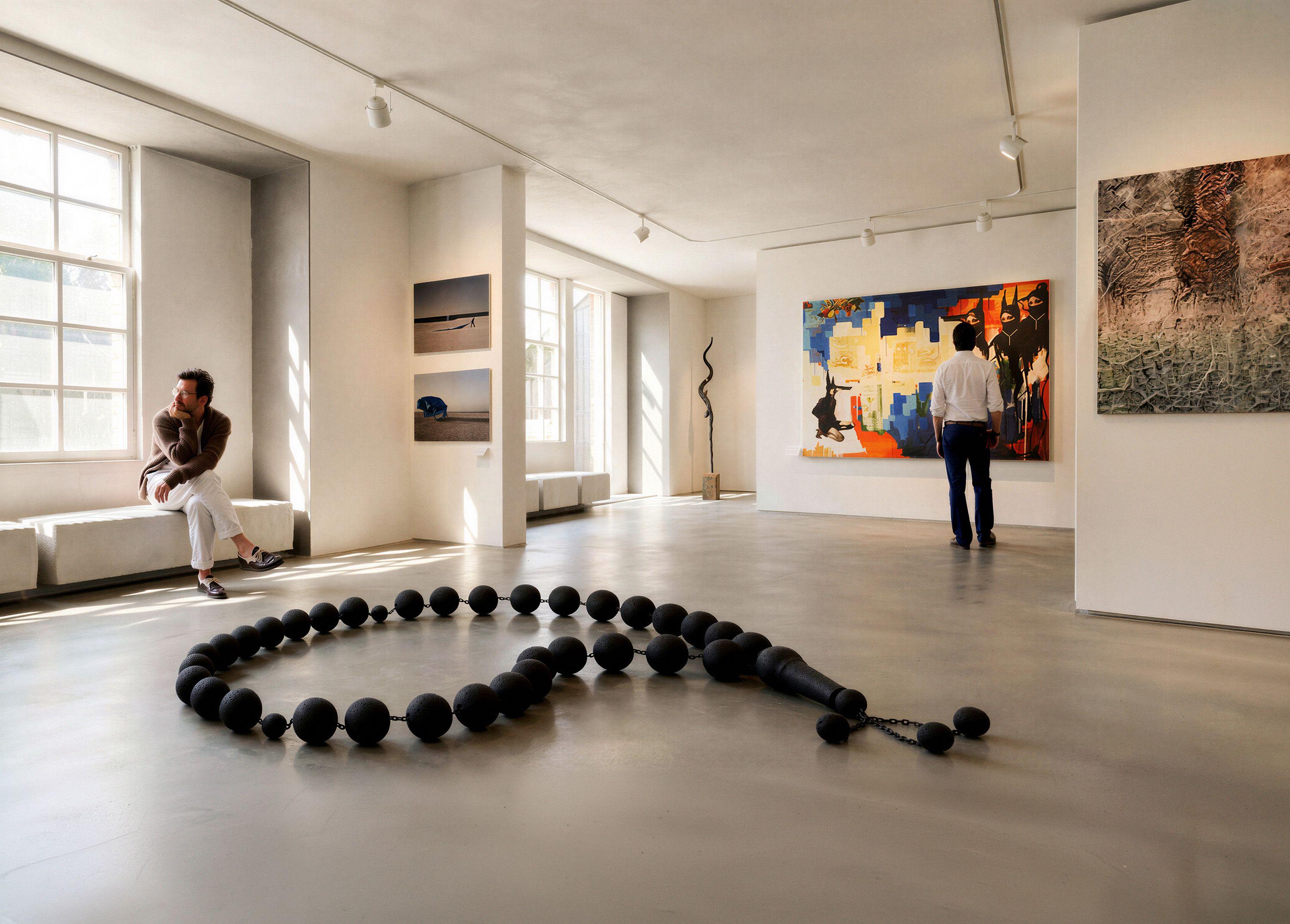 Gallery at the Delfina Foundation, London, daylight from the tall windows falling across a large sculptural work on the floor, with paintings hung on the white walls and visitors in the room.