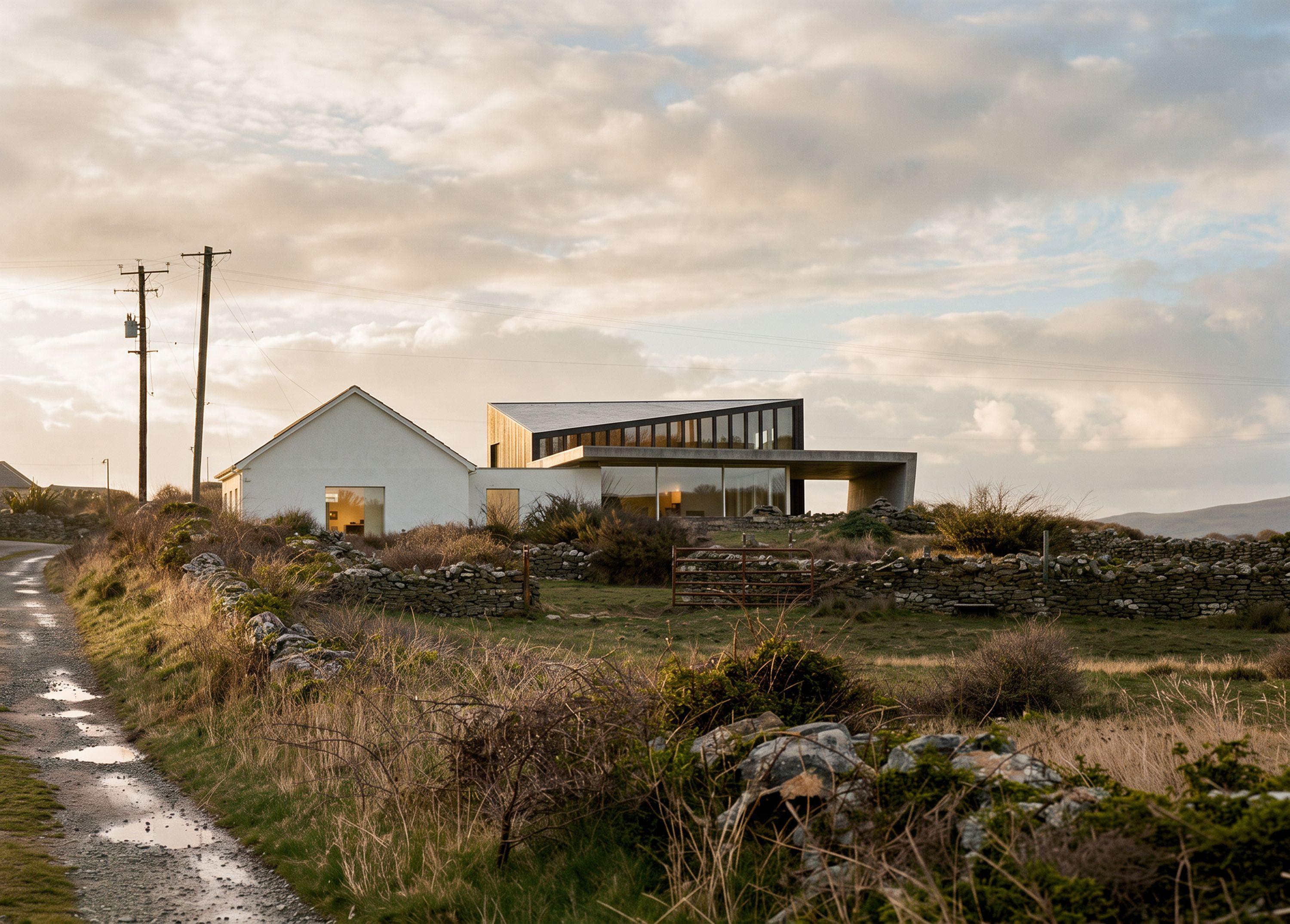 Keeping House seen from the lane at Liscannor, the white rendered gable of the refurbished cottage beside the dark timber and slate volume, with dry-stone walls and rough grass in the foreground.