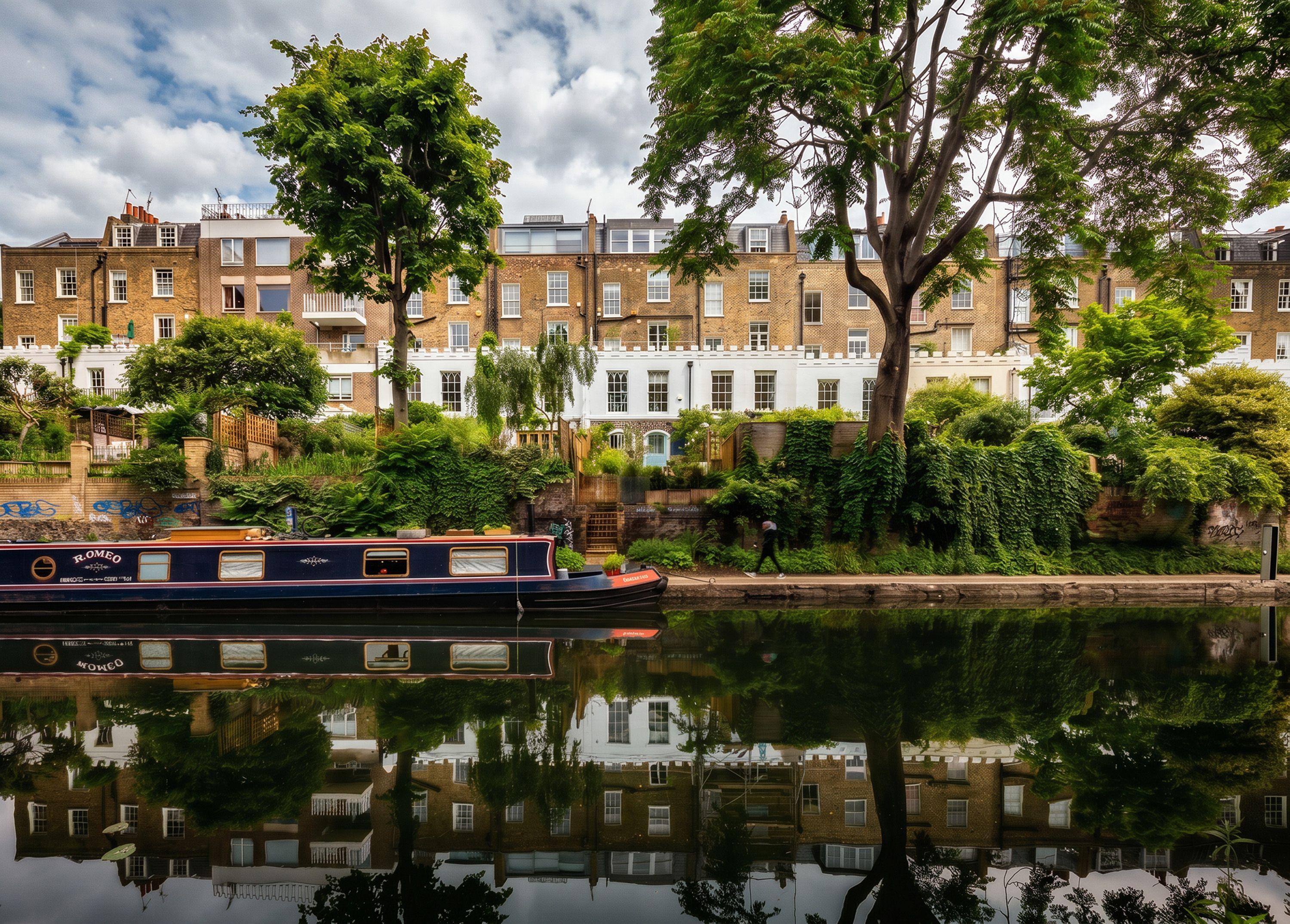 View across the Regent's Canal to a terrace of Grade II listed Victorian houses, a narrowboat moored on the near bank.