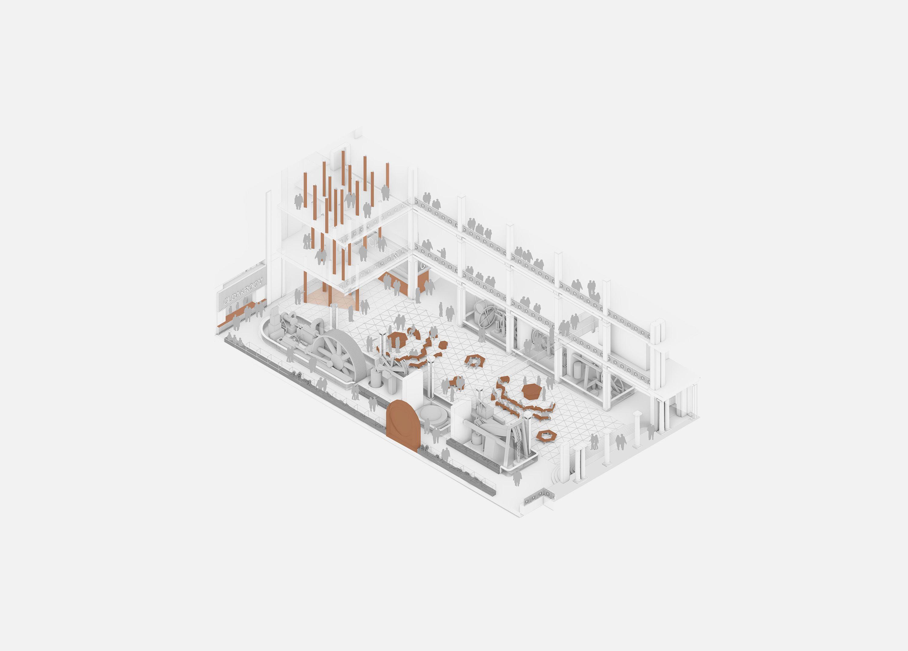 axonometric drawing of the Science Museum's East Hall set up for a demonstration, visitors gathered in clusters around exhibits on the double-height gallery floor.